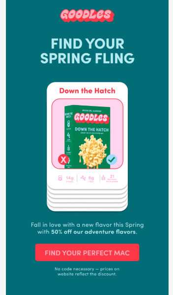 Goodles spring themed newsletter for March titled "Find your spring fling"